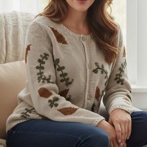 Hampton Isles Large $168 Hand Knit Bolivia 100% Cotton Leaf Artisan Cardigan